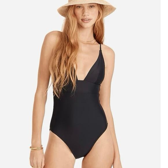 J.Crew Plunge One-Piece Swimsuit Navy Blue Size 12 Adjustable Straps - Picture 1 of 10